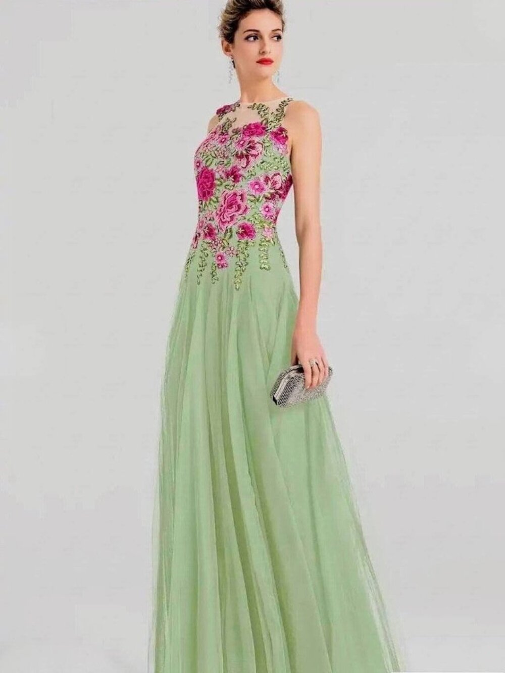 JJ’s House Embroidered Floral Lace & Tulle A-Line Gown in Celadon - Size 12